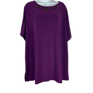 Sag Harbor Womens Purple Beaded Neck Stretch Top 3X Polyester Blend